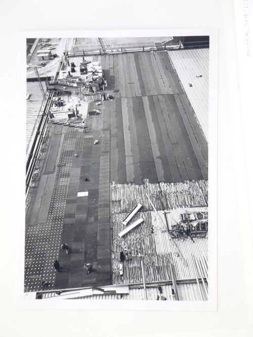 View of construction of steel structure for power station, from above, United Kingdom
