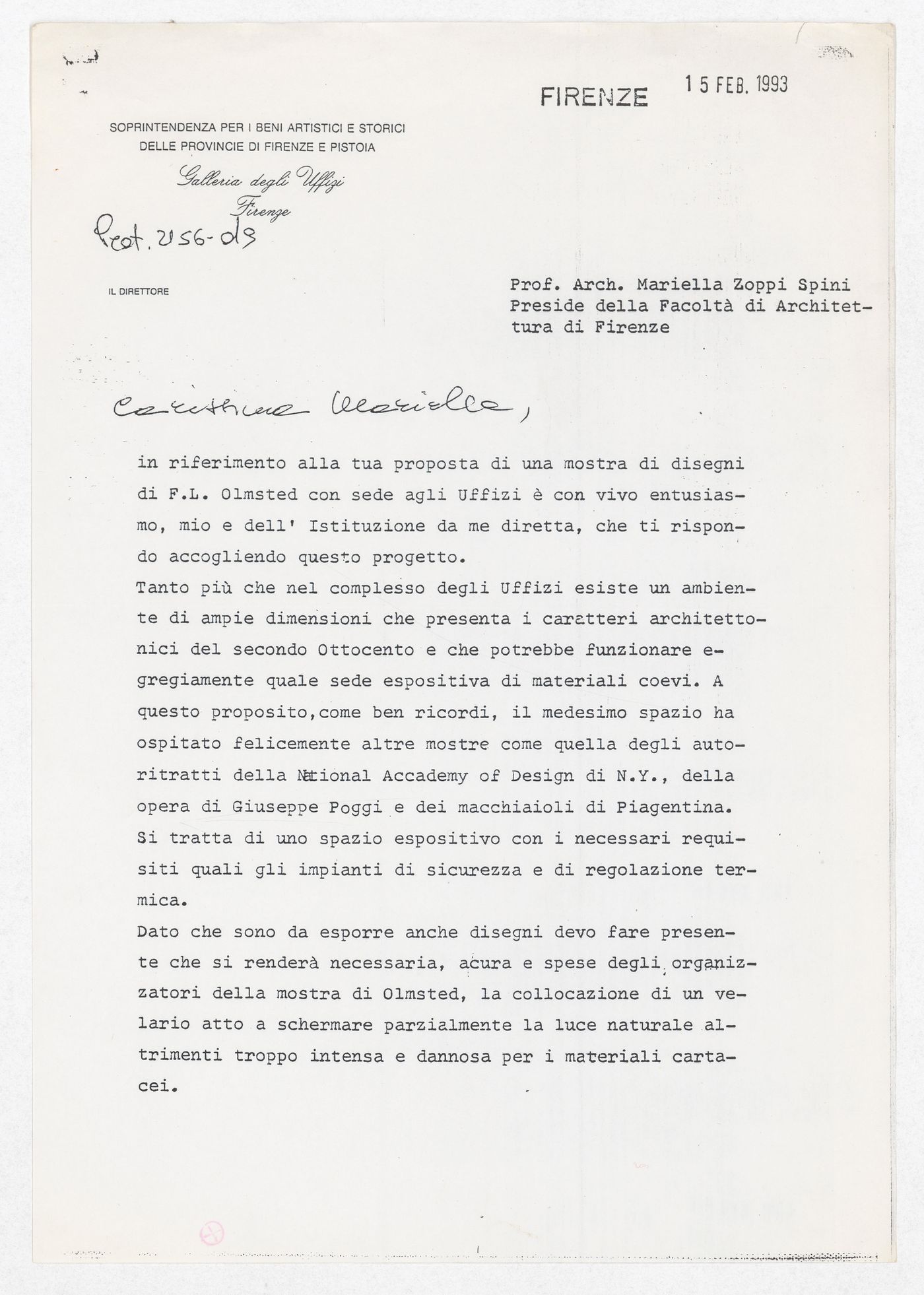 Correspondence with Professor Mariella Zoppi Spini for the exhibition Olmsted: L'origine del parco urbano e del parco naturale contemporaneo