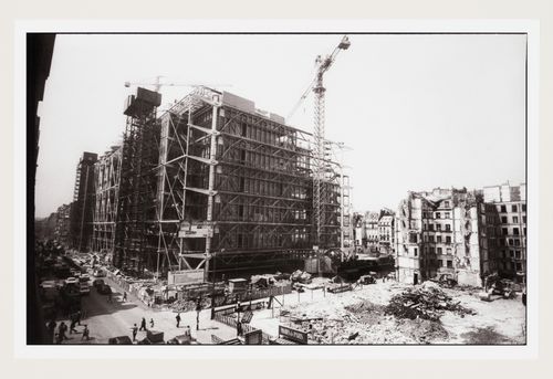 View of construction of the Centre Georges Pompidou at the intersection of rue Beaubourg and rue Rambuteau, Paris