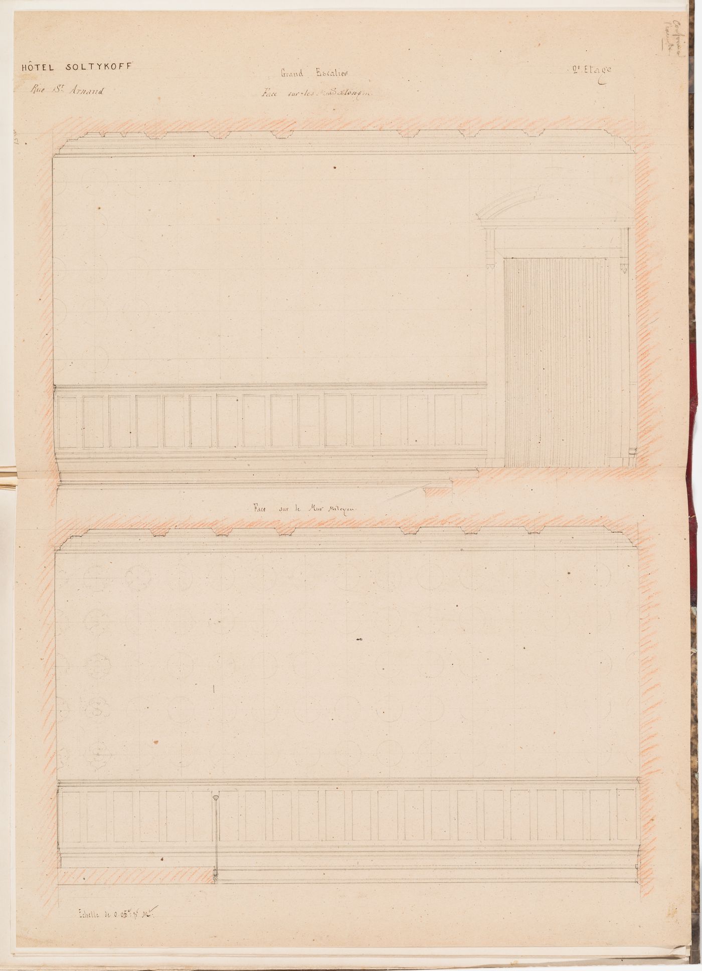 Second floor elevations for the grand staircase, Hôtel Soltykoff
