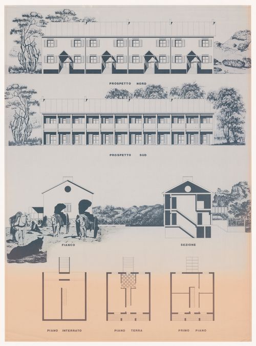 Elevations, section, and plans for Case, Mozzo, Italy