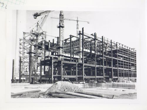 View of construction of steel structure for power station, from exterior, United Kingdom