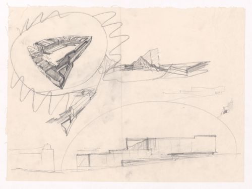 Sketch perspectives and axonometric view for Edifício de Escritórios na Av. D. Afonso Henriques, Avenida da Ponte, Porto, Portugal