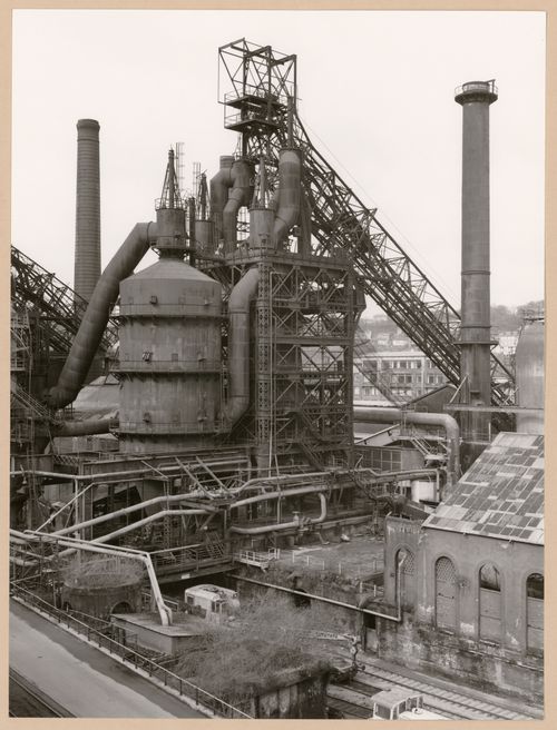 View of a blast furnace of Usinor-Senelle steel mill, Longwy-Bas, Lorraine, France
