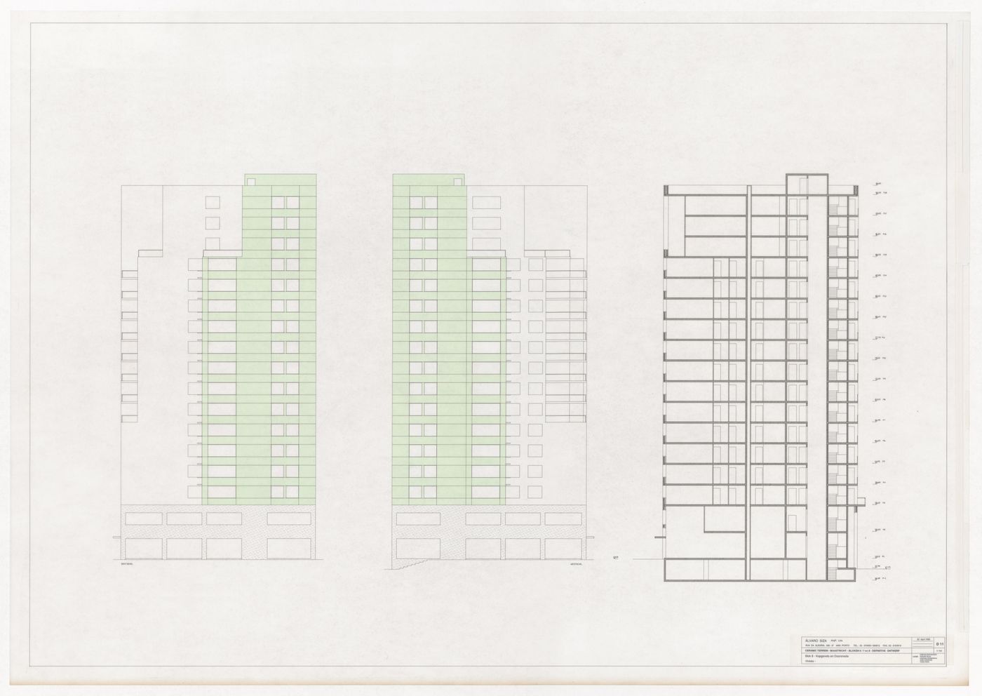 Elevations and section for Ceramique Terrein Blocos de habitação e escritórios, Maastrich, the Netherlands
