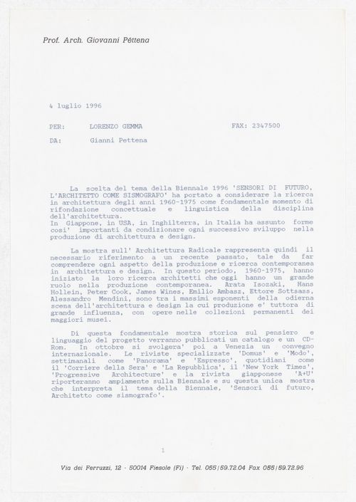 Correspondence to Lorenza Gemma regarding the exhibition Radicals. Architettura e Design 1960-1975