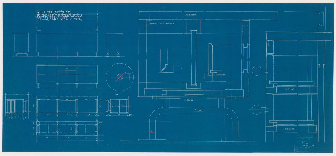 Plans, sections, and elevations for a counter for a water distillery for Kiefhoek Housing Estate, Rotterdam, Netherlands