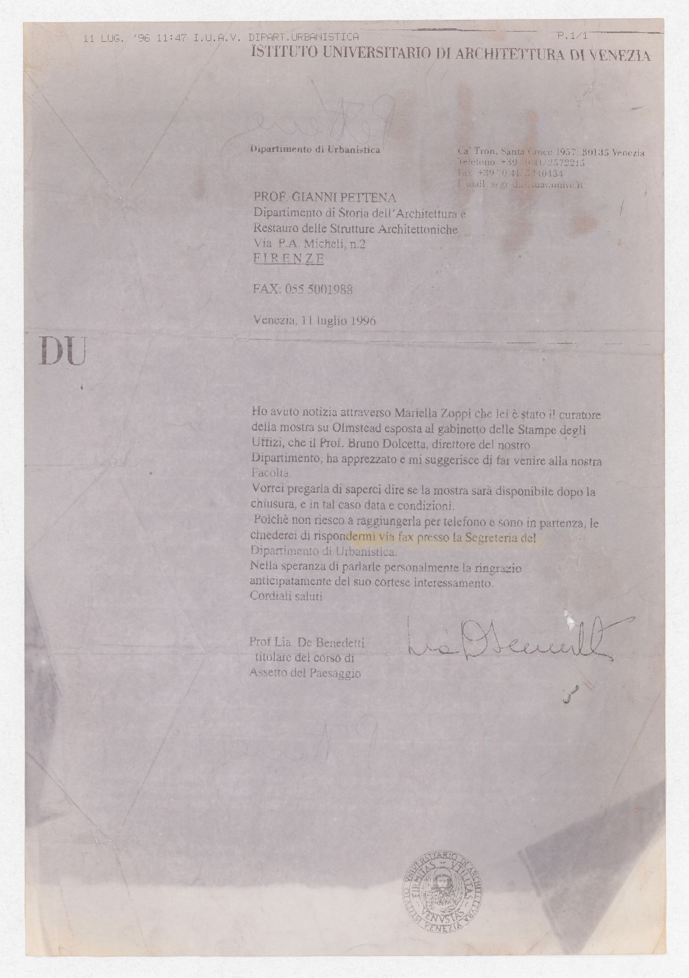 Correspondence with Professor Lia de Benedetti for the exhibition Olmsted: L'origine del parco urbano e del parco naturale contemporaneo