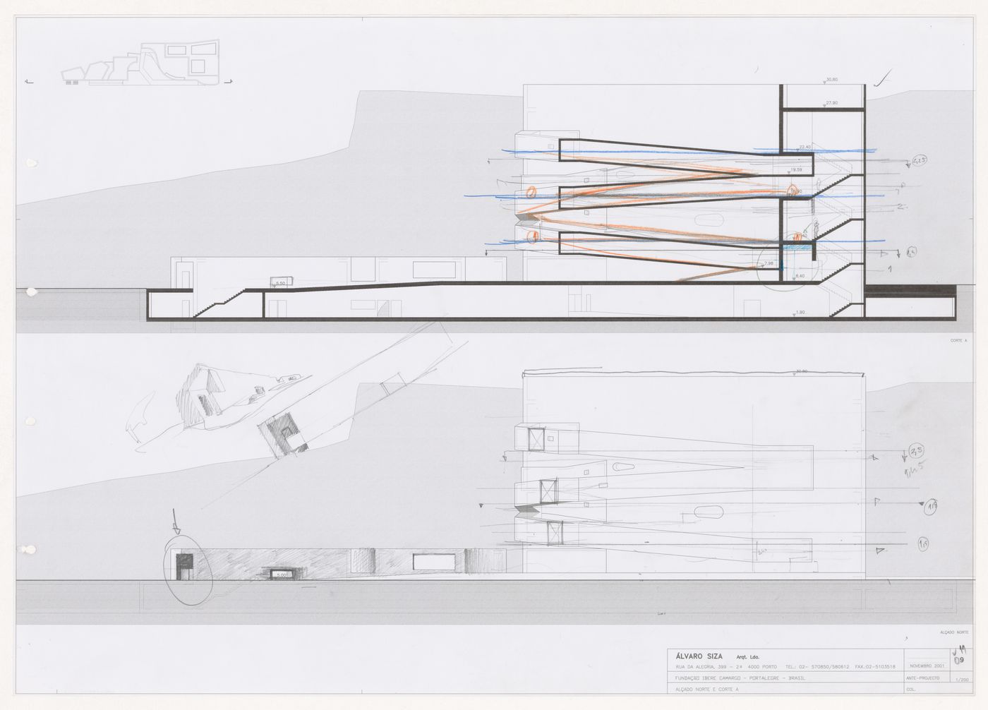 North elevation and section for C. Cultural e Audit. para a Fundação Iberê Camargo [Iberê Camargo Foundation Museum], Porto Alegre, Brazil