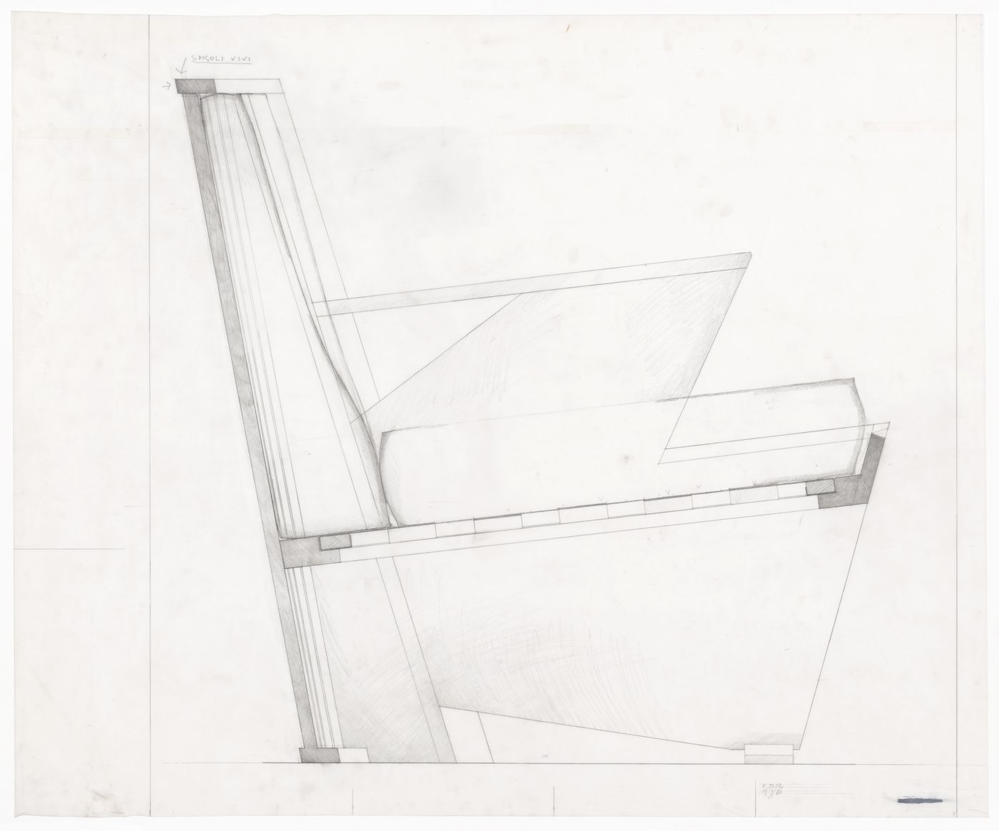 Side elevation of an armchair for Casa Frea, Milan, Italy
