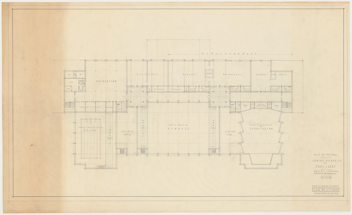 Étude préliminaire de l'étage, Centre récréatif du Parc Jarry, Montréal, Canada (1952-1960)