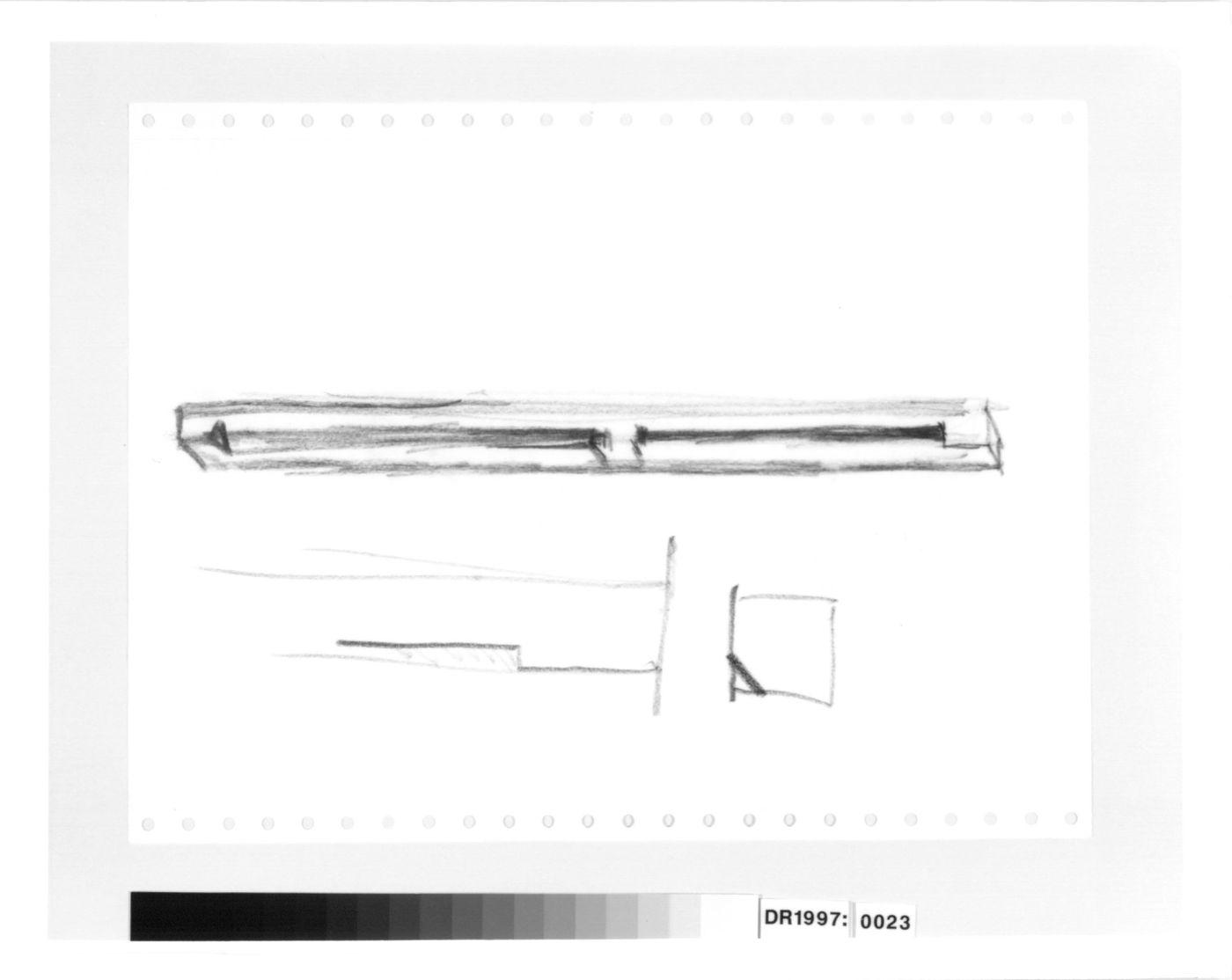 Sketch section, sketch plan [?] and sketch elevation for the E columns for the E,D,E,N, Pavilion, Rheinfelden, Switzerland