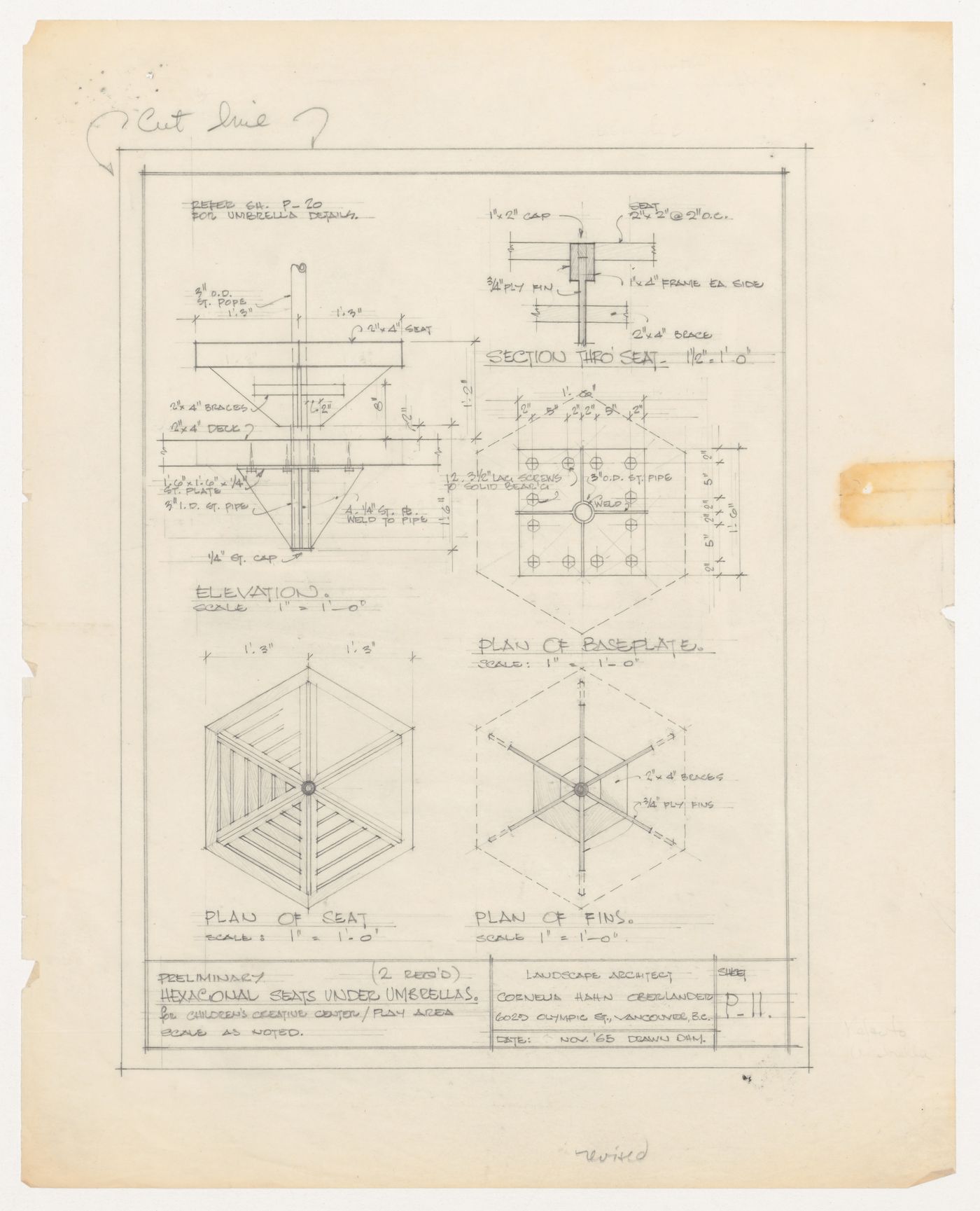 Plans, elevation and section for hexagonal seats under umbrellas for Children's Creative Centre Playground, Canadian Federal Pavilion, Expo '67, Montréal, Québec