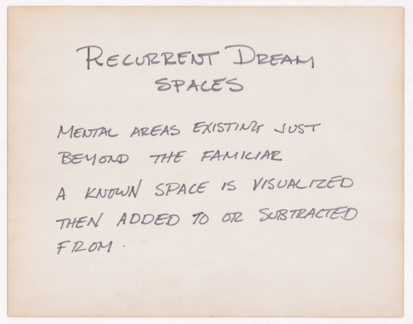 Recurrent dream spaces / Mental areas existing just beyond the familiar / A known space is visualized then added to or subtracted from