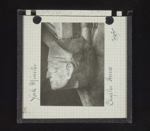 Profile view of sculpture of head in Chapter House of York Minster, York, North Yorkshire, England