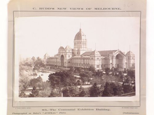 View of the Centennial Exhibition building showing the main entrance with Carlton Gardens in the foreground, Melbourne, Australia