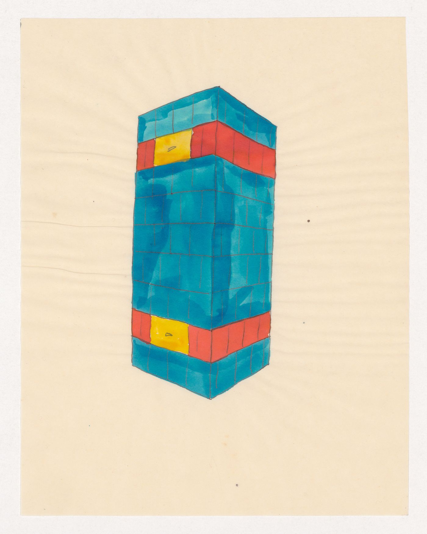 Perspective sketch for a red and blue tiled stove
