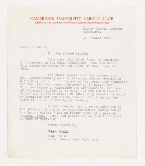 Letter from Alan Neale of the Cambridge University Labour Club to Cedric Price regarding an upcoming speaking engagement