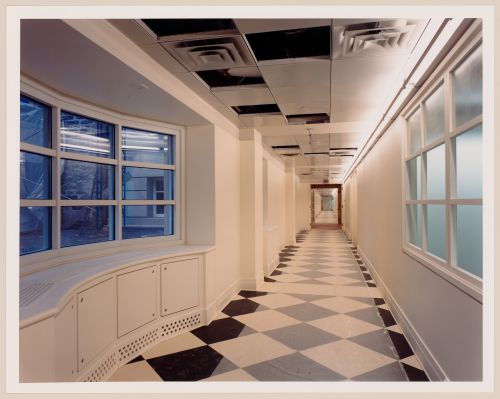Interior view of the south corridor on the curatorial level in the evening, Canadian Centre for Architecture, Montréal, Québec