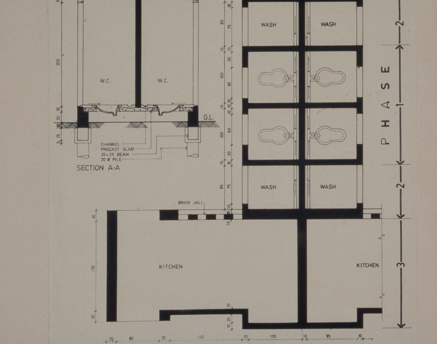 First floor plans and section of sanitary core for the Aranya Housing Project, Indore, India