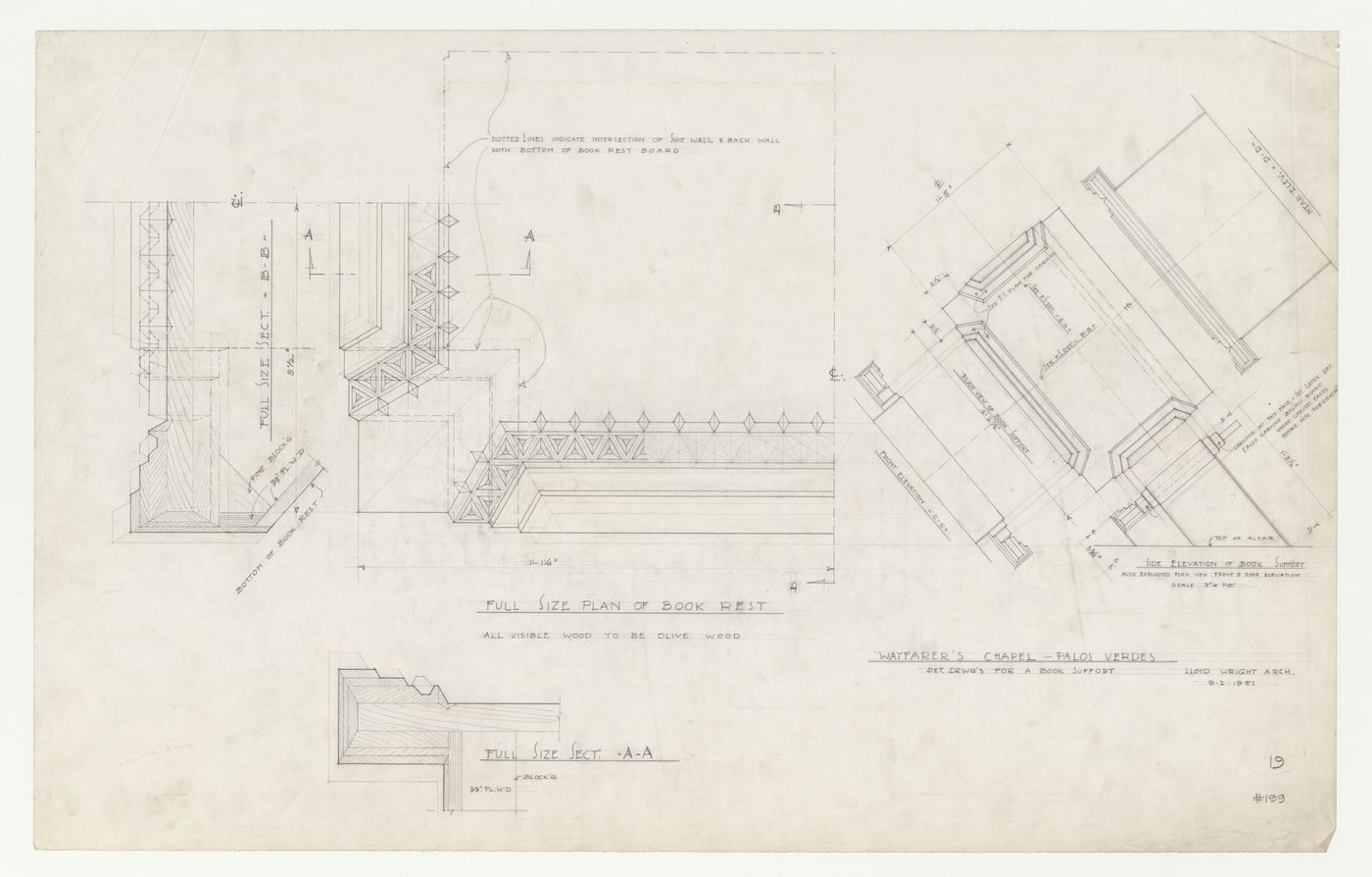 Wayfarers' Chapel, Palos Verdes, California: Plans, sections and elevations for the book support for the chapel altar