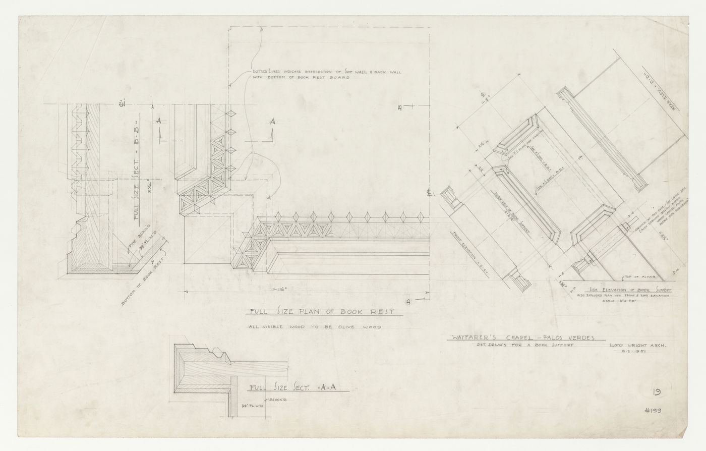 Wayfarers' Chapel, Palos Verdes, California: Plans, sections and elevations for the book support for the chapel altar