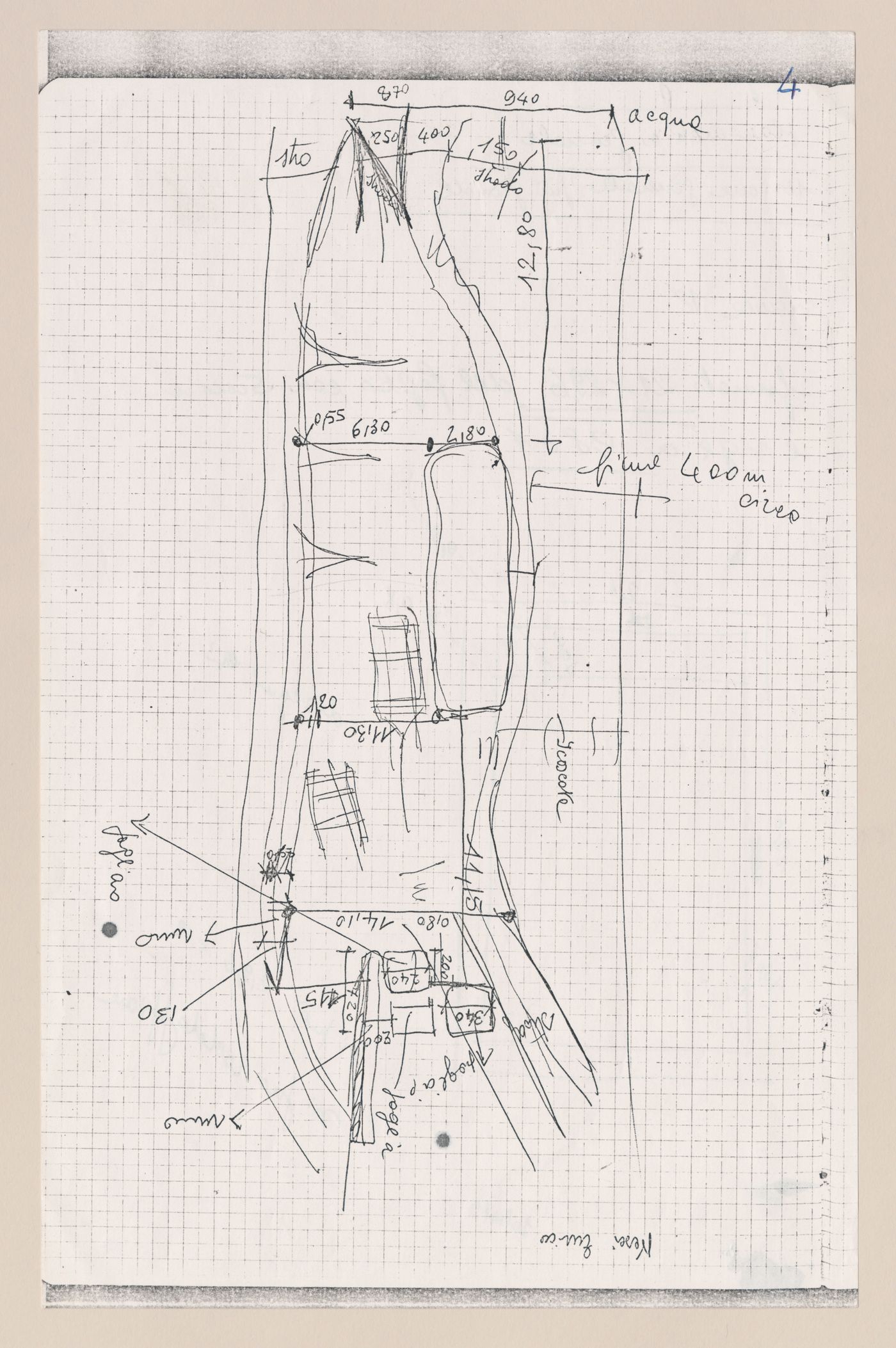 Sketch site plan with notes for Zeno, une cultura autosufficiente [Zeno, a self-sufficient culture]