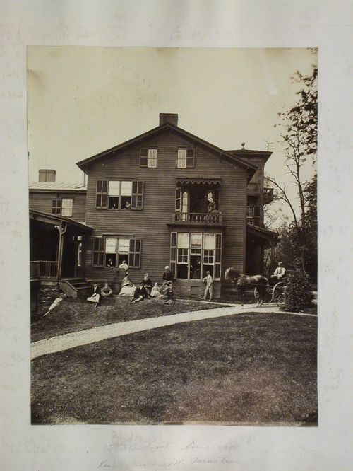 Side elevation of shingled house with front and back porches and balconies, Willowbrook, Illinois