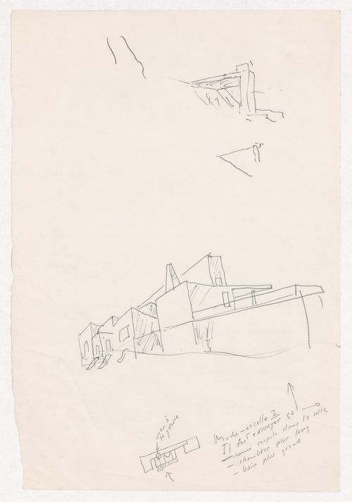 Sketch perspectives and plan with notes for Casa Aníbal Guimarães da Costa, Trofa, Portugal