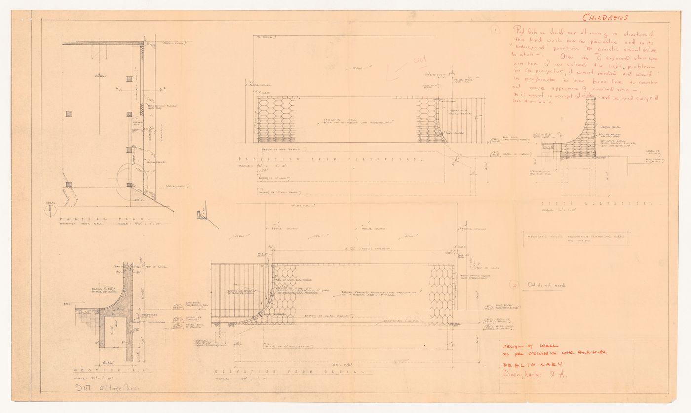 Plan, elevations, and notes for bridges and elevations for Children's Creative Centre Playground, Canadian Federal Pavilion, Expo '67, Montréal, Québec