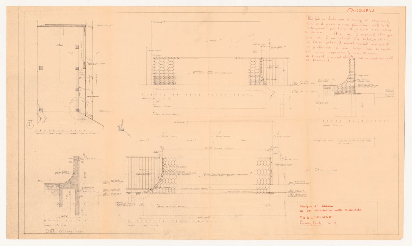 Plan, elevations, and notes for bridges and elevations for Children's Creative Centre Playground, Canadian Federal Pavilion, Expo '67, Montréal, Québec