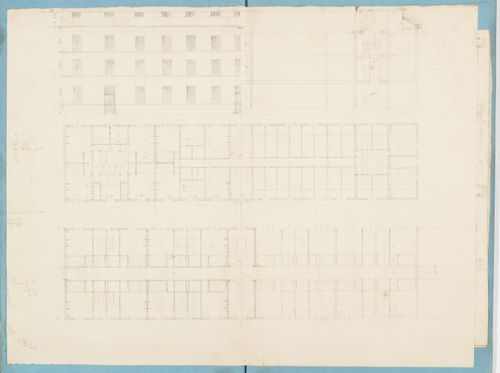 Project for housing for M. Busche: Plans, partial elevation and section for a three-storey apartment house