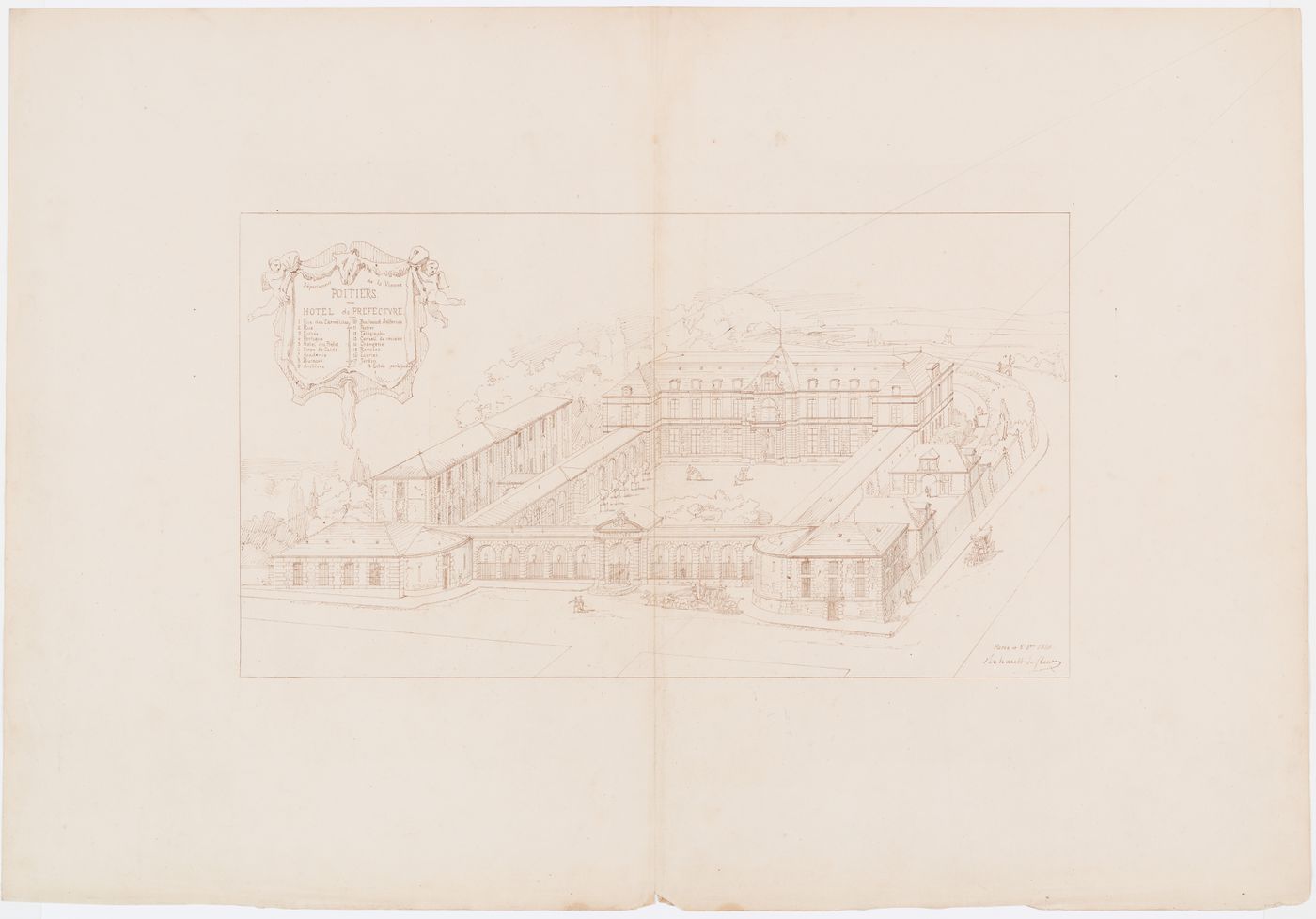 Project for a Hôtel de préfecture, Poitiers: Perspective view with a key to major building components