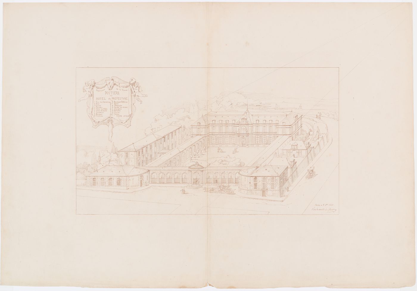 Project for a Hôtel de préfecture, Poitiers: Perspective view with a key to major building components