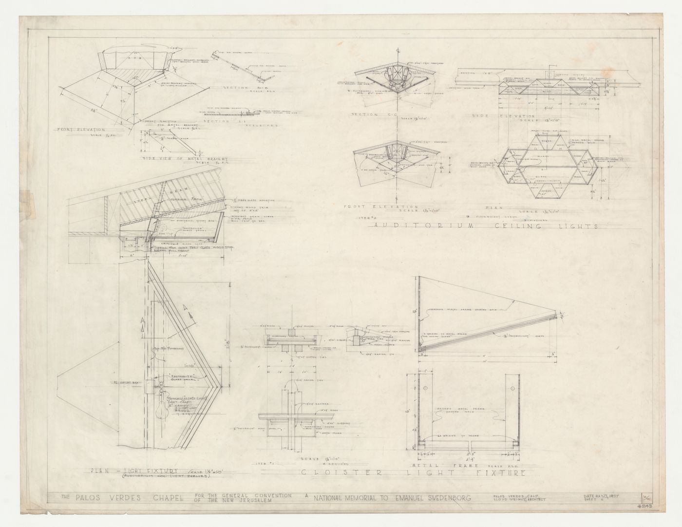 Wayfarers' Chapel, Palos Verdes, California: Plans, sections and elevations for auditorium and cloister lighting fixtures