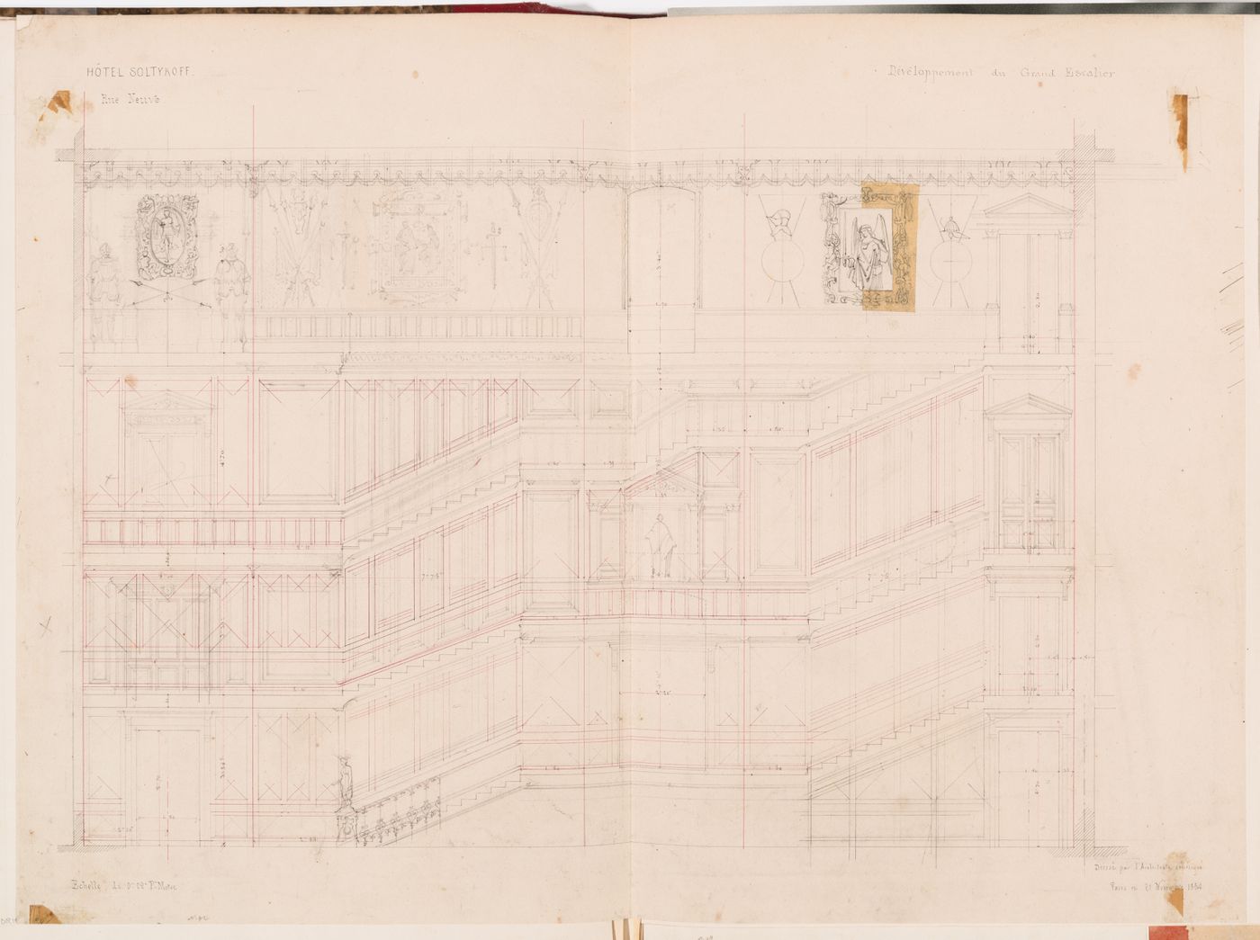 Preliminary laid-out elevation for the grand staircase, Hôtel Soltykoff