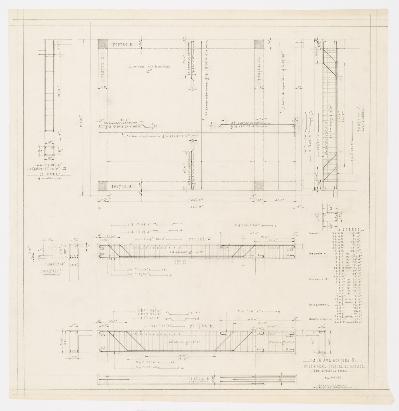 Détails du béton armé de la toiture du garage, Résidence Ernest Cormier, 1418 Avenue des Pins Ouest, Montréal, Canada (1929-1957)