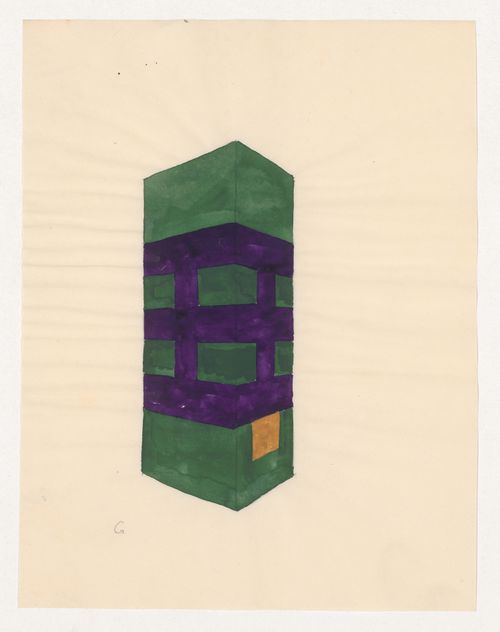 Perspective sketch for a purple and green tiled stove