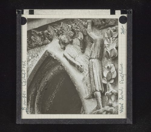 Detail view of sculpture on west façade of Cathédrale Saint-Etienne de Bourges, Bourges, France