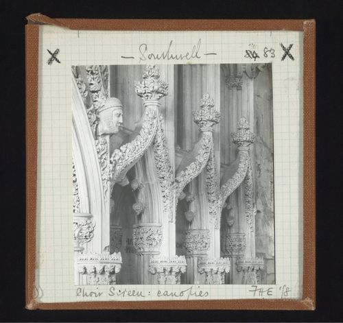 Detail view of canopies of choir screen, Southwell Minster, Southwell, Nottinghamshire, England
