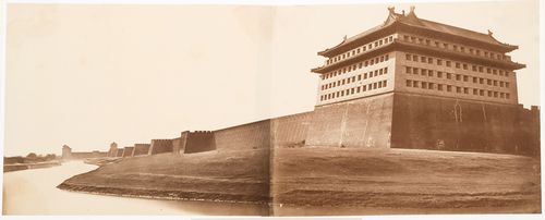 View of the northeast corner watchtower and walls of the Inner City, Peking (now Beijing), China