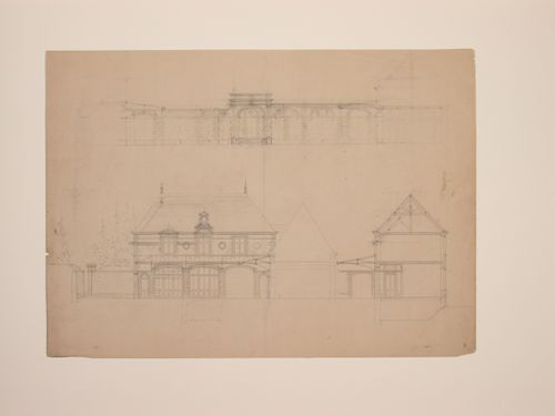 Elevations and section of a gate-house and wall