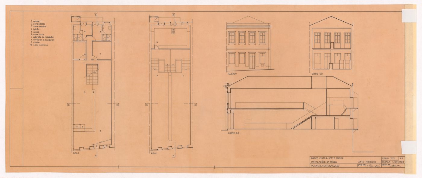 Floor plans, sections and elevation for Banco Pinto & Sotto Mayor, Régua, Portugal