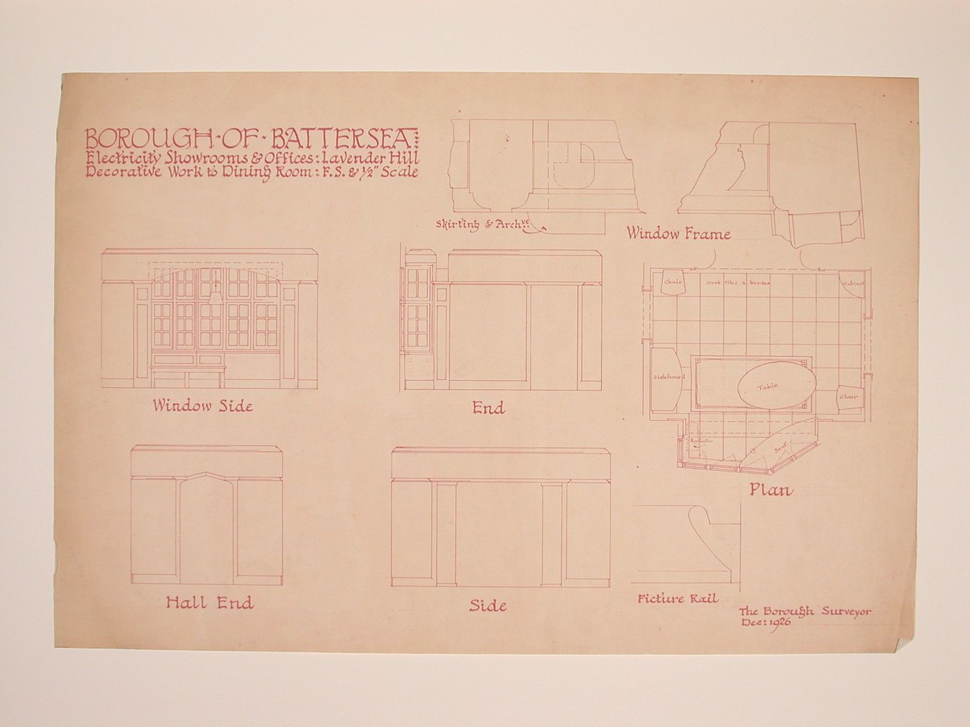 Plan, interior elevations and sections for the model dining room, Electric House, Battersea Borough