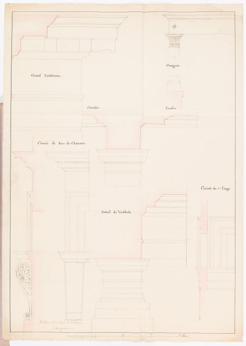 Elevations and profiles for entablatures, bases, capitals and other mouldings for a country house for duc Decazes, Grave