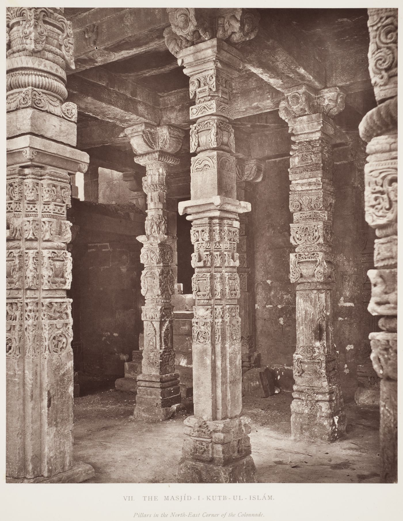 Interior view of the north-east corner of the colonnade showing pillars, Quwwat al-Islam [Might of Islam] Mosque, Quwwat al-Islam Mosque Complex, Delhi, India