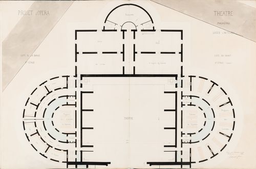 Project for an opera house for the Théâtre impérial de l'opéra: Plan for the "5e étage" showing the painters' workshop, storerooms, "cote de la danse", and the "cote du chant", including the actors' dressing rooms