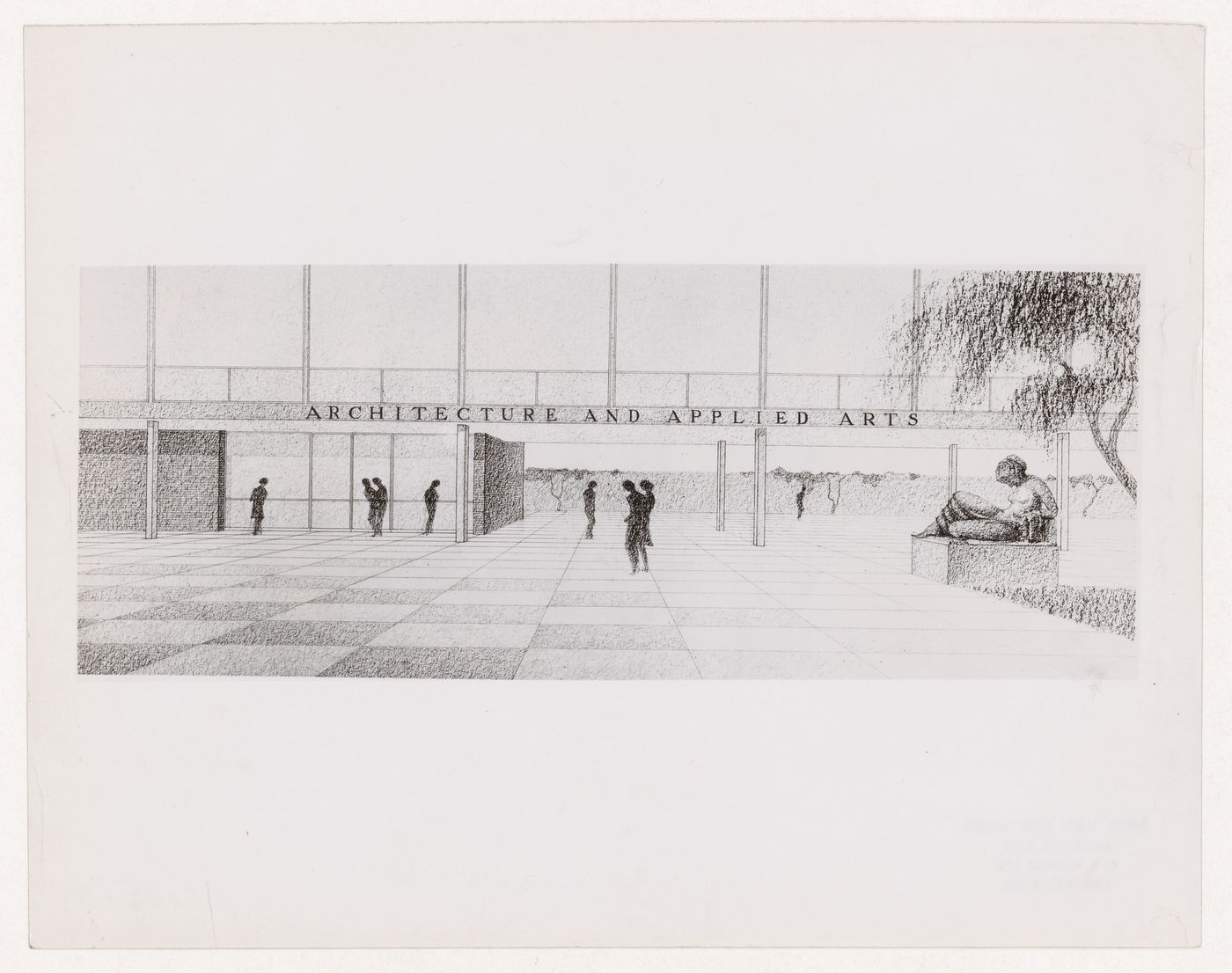 Photograph of perspective of the entrance to the architecture and applied arts building, Illinois Institute of Technology, Chicago, Illinois