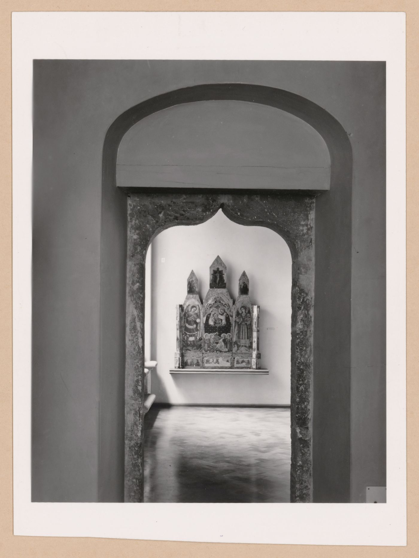 View of a doorway and gallery showing a triptych, Palazzo Abatellis, Galleria regionale della Sicilia, Palermo, Italy
