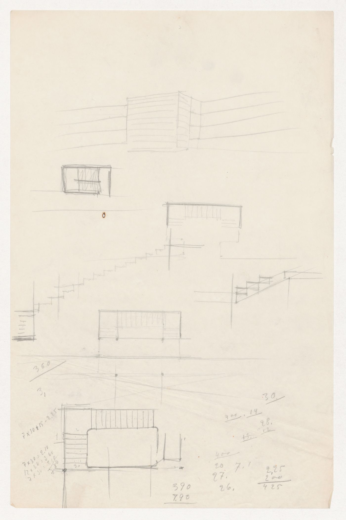 Sketch plans and perspective sketch for stairwells and sketch elevations for stairs for Illinois Institute of Technology